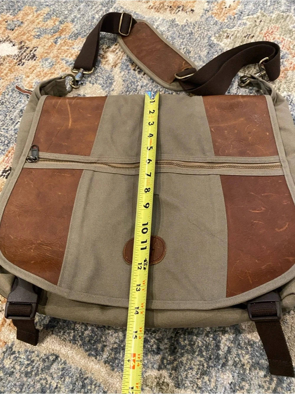 Bag, Men's Canvas Messenger Olive w/Brown Leather Trim